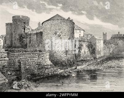 Château du roi Jean à côté de la rivière Shannon, comté de Limerick. République d'Irlande. Trois mois en Irlande par Mlle Marie Anne de Bovet (1855 - 1935) Limerick et la Côte de Clare 1889. Gravure ancienne du 19e siècle du Tour du monde 1890 Banque D'Images