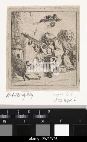 Boer joue de lui, anonyme, d'après David Teniers (II), 1626 - 1740 print Un fermier joue du luth. Une vieille femme écoute la droite. Pays-Bas papier gravure une personne jouant d'un instrument à cordes (pincé). luth, et formes spéciales de luth, par exemple : theorbo. vieille femme Banque D'Images