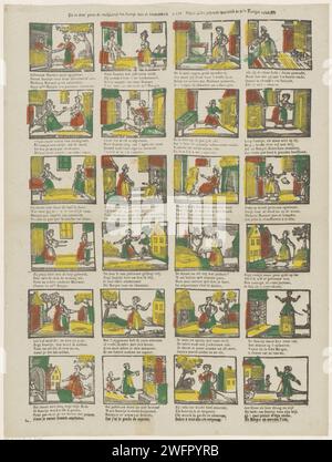 In Deez 'Imprimer la gaieté de Saertje Jans de Keukenmeid / Voyez ici les joyeuses Kantee de Mlle Maregot cuisinière, 1856 - 1900 imprimer feuille avec 24 représentations de la vie de Saartje Jans de Keukenmeid. Dans les premières scènes, elle travaille comme femme de ménage, mais est licenciée parce qu'elle utilise trop de tourbe coûteuse pour cuisiner. Puis elle devient soldat. Sous chaque image un verset bidirectionnel en néerlandais et en français. Numéroté au milieu : n 116. Papier Turnwood impression typographique cuisine-femme de cuisine, domestique de cuisine. le soldat ; la vie du soldat Banque D'Images