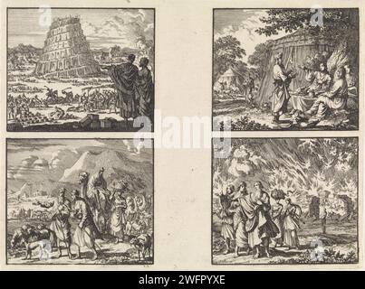 Construction de la tour de Babel / Abraham et Lot quittent leur patrie / Abraham reçoit les trois anges / lots Sodome, Jan Luyken, 1698 print feuille vierge avec quatre représentations. Amsterdam papier gravure du bâtiment de la Tour de Babel ; Nimrod peut être présent, superviser ou assister à la construction. Abraham quitte l'Egypte avec Sara, Lot et ses possessions. La visite des trois anges (trois hommes)  Histoire d'Abraham (Genèse 18). La destruction de Sodome et Gomorrhe : Lot et sa famille fuient à Zoar, portant leurs biens ; un ange peut montrer le chemin (Genèse 19:24-29) Banque D'Images