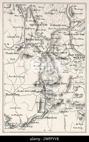 Carte de la région de Than-mai et du fleuve Noir, Vietnam, Indochine, Asie. Trente mois au Tonkin 1885 par le Docteur Charles Edouard Hocquard (1853 - 1911) Banque D'Images