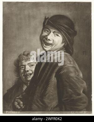 Deux garçons souriants, Pieter Louw, après Frans Hals, 1743 - 1800 papier d'impression riant. casque : chapeau (+ vêtements pour hommes) Banque D'Images