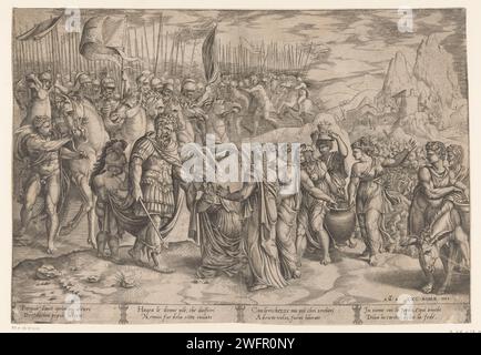 Abigaïl demande pardon à David, Anonyme, après Rafaël, 1543 print Abigaïl s'agenouille pour David et lui demande pardon pour le comportement de son mari Naal, qui a refusé la nourriture de David. Derrière David se trouvent ses compagnons de combat. Derrière abigaïl les serviteurs de cheveux et les serviteurs avec de la nourriture. Texte italien en quatre colonnes dans STUDMARGE. Print Maker : Italiaafter design by : ItaliePublisher : Rome gravure sur papier / gravure rencontre de David et Abigail, qui s'agenouille devant lui. vue sur la ville et paysage avec constructions artificielles Banque D'Images