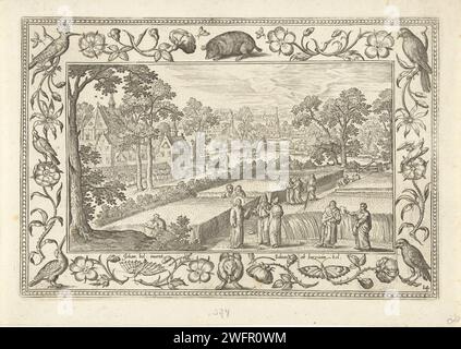 Cueillette de choeurs sur le Sabbat, 1582 - 1586 imprimer Paysage avec un champ de maïs. Central dit à Christ aux Pharisiens que ses apôtres ne percevaient pas le Sabbat s'ils agissaient avec Korenaren du champ pour satisfaire leur faim. Les apôtres ramassent du grain en arrière-plan. L'impression a une liste ornementale de fleurs et d'animaux. Il fait partie d'une série de paysages à quatre pattes avec des scènes bibliques, mythologiques et des scènes de chasse. Anvers gravure sur papier disciples arrachent des épis de maïs le jour du sabbat, et mangent (Matthieu 12:1-8, Marc 2:23-28, Luc 6:1-5). Discussion avec les pharisiens au sujet du plumeau Banque D'Images