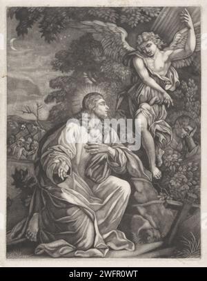 Christ dans la cour de Getsémane, Anonyme, 1650 - 1800 imprimer Christ prie Dieu dans la cour de Getsémane et obtient une vision. Deux de ses élèves dorment en arrière-plan. Papier la prière du Christ dans le jardin de Gethsémani pendant la nuit Banque D'Images