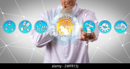 Pensif méconnaissable docteur en sciences masculin initiant l'IA dans l'application de fabrication de médicaments. Concept pour l'Internet industriel des objets, IIoT, im orienté IA Banque D'Images