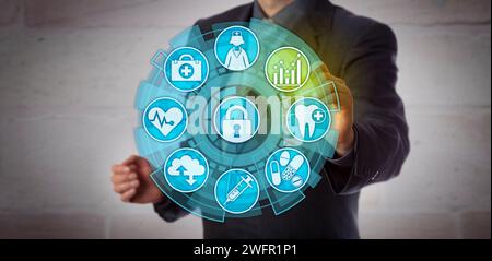 Analyste de données sans visage activant une icône d'analyse dans une interface de surveillance des soins de santé. Concept d'informations exploitables, exigences de reporting, comp Banque D'Images