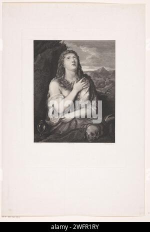 La pénitence de Maria Magdalena, Joannes Bemme, d'après Abraham Teerlink, d'après Titiaan, en 1805 ou avant Maria Magdalena regarde le ciel dans un penalty. Elle n'est habillée qu'avec un linge. A côté d'elle se trouve un pot pour pommade, avec lequel elle aurait oint les pieds de Christ. Papier gravure de la pénitente Harlot Marie Madeleine ; attributs possibles : livre (ou rouleau), couronne, couronne d'épines, crucifix, pot de pommade, miroir, instrument de musique, branche de palmier, rosaire, fléau Banque D'Images