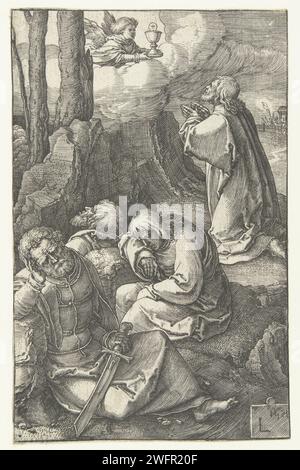 Christ dans le Hof van Getsemane, Lucas van Leyden, 1521 imprimer trois apôtres dormant, Christ priant sur la montagne. Ange avec un calice dans le ciel. Pays bas gravure sur papier agonie du Christ ; trois (ou onze) apôtres dormant Banque D'Images