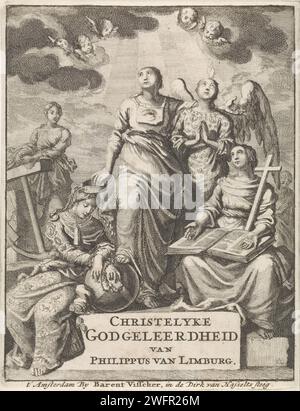 La religiosité surmonte le monde avec l'aide de l'espérance, de l'amour et de la foi, Jan Luyken, 1701 imprimer la personnification de la religion en embrassant avec l'amour divin. Les deux regardent vers le ciel. Gauche et droite les personnifications espérance et foi. La religiosité vit un globe et tient une chaîne comme une couronne au-dessus de la tête du monde personnifié. Sous l'impression le titre du livre. Un poème hollandais avec une explication au verso. Amsterdam gravure sur papier / impression typographique les trois vertus théologiques. Frau Welt. Sainteté ; 'Santità' (Ripa) Banque D'Images