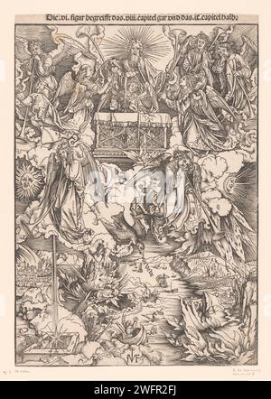 Soufflant des cinq premières trompettes, Ieronimus Greff von Frankfurt, d'après Albrecht Dürer, 1502 estampe après avoir ouvert le septième sceau par l'Agneau, sept anges sont apparus, qui ont reçu du Dieu Bazuinen de sauter. Le premier ange avait la grêle, le feu et le sang descendus sur terre, le second laissait une montagne brûlante descendre la mer, le troisième avait l'eau empoisonnée par l'effondrement d'une étoile brûlante, le quatrième laissait le soleil, la lune et les étoiles s'assombrissent en partie et le cinquième ange laisse tomber une étoile dans une fosse sans fond. Un aigle prononce les mots « VE ve ». papier le premier des sept anges sonne la trompette : grêle, tire et Banque D'Images