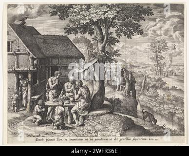 Enoch pridt avec sa famille, Johann Sadeler (I), d'après Gillis Mostaert (I), 1560 - 1600 imprimer Enoch est assis à la table devant sa maison avec sa famille. La famille prie pour manger à Dieu. Dans la porte de la maison une femme et un enfant. En arrière-plan un paysage fluvial vallonné avec l'Ascension d'Enoch à droite. L'impression a une légende latine. Imprimeur : Unknownafter peinture par : Anvers gravure sur papier Histoire d'Enoch, fils de Jared, qui a inventé les lettres et a été le premier à diviser l'année en saisons et en douze mois. prière à table, disant grâce. 'Enoch ... a été repris Banque D'Images