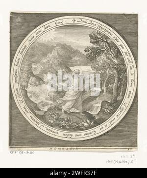 Troisième jour de la création : Dieu crée la terre et les graines -formant des plantes et des arbres avec des fruits portant des graines, Nicolaes de Bruyn, d'après Maerten de vos, 1581 - 1656 imprimer troisième jour de la création : Dieu crée la terre et les graines -formant des plantes et des arbres avec des fruits portant des graines. L'eau se retire vers les rivières et la mer. En médaillon avec un texte biblique en latin de Genèse 1, dans un cadre rectangulaire. Pays-Bas gravure sur papier rassemblant les eaux sous le firmament ; la terre sèche apparaît et produit toutes sortes de plantes Banque D'Images