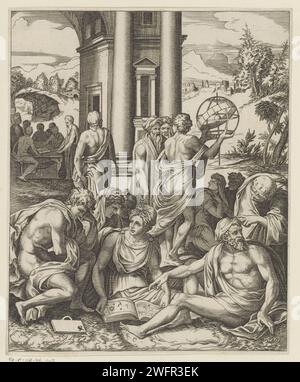 Chercheurs du groupe, Marco Dente, d'après Francesco Salviati, 1498 - 1532 imprimer un groupe de chercheurs, dont trois femmes, dans un paysage. Au premier plan, un groupe d'érudits se pencha sur un livre, qui est tenu ouvert par l'une des femmes. En arrière-plan à droite, un jeune érudit montre un arillarium à deux érudits plus âgés et à deux étudiants. Sous un arc un groupe de savants autour d'une table, penchés sur les écrits. Italie gravure sur papier groupe d'érudits ou de philosophes. sphère armillaire, globe céleste squelette Banque D'Images