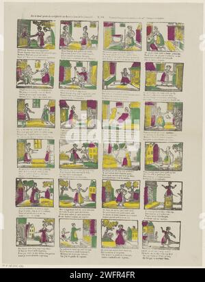 In Deez 'Imprimer la gaieté de Saertje Jans de Keukenmeid / Voyez ici les joyeuses Kantee de Mlle Maregot cuisinière, 1856 - 1900 imprimer feuille avec 24 représentations de la vie de Saartje Jans de Keukenmeid. Dans les premières scènes, elle travaille comme femme de ménage, mais est licenciée parce qu'elle utilise trop de tourbe coûteuse pour cuisiner. Puis elle devient soldat. Sous chaque image un verset bidirectionnel en néerlandais et en français. Numéroté au milieu : n 116. Papier Turnwood impression typographique cuisine-femme de cuisine, domestique de cuisine. le soldat ; la vie du soldat Banque D'Images