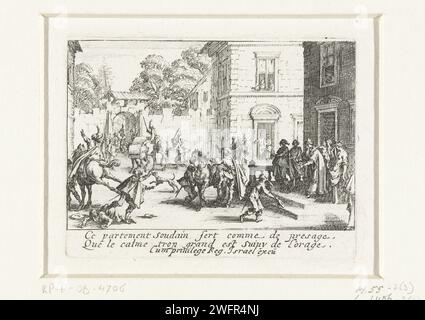 Le fils perdu quitte sa maison parentale, Jacques Callot, 1635 imprimé pour sa maison parentale, le fils perdu dit au revoir à son vieux père et aux autres membres de sa famille. Les animaux de transport coupés roulent déjà devant eux. Sous le spectacle, un verset francophone bidirectionnel. Cette estampe fait partie d'une série d'estampes autour de la parabole du fils perdu, composée d'une estampe-titre et de dix performances narratives. Imprimeur : Nancypublisher : prise de congé de gravure sur papier de Paris et départ du fils prodigue Banque D'Images