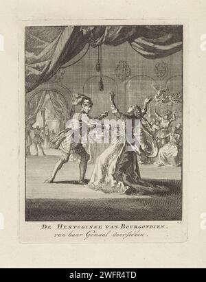 Meurtre de la duchesse de Bourgogne, Jan Luyken, 1699 estampe lors d'une fête dans une salle de bal, la duchesse de Bourgogne est assassinée par son mari avec un poignard. Amsterdam papier gravure féodal lord - BB - règle féminine. seigneur féodal. mort violente par poignard, couteau. meurtre. Bal, danse formelle Bourgogne Banque D'Images