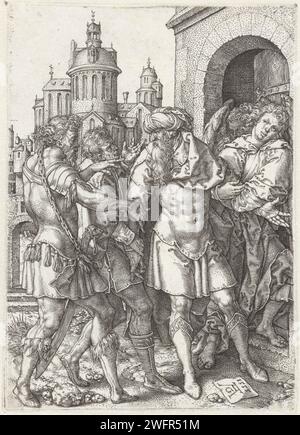 Lot empêche la violence entre les habitants de Sodome, Heinrich Aldgrever, lot de 1555 tirages devant sa maison à Sodome, se dresse entre deux hommes en colère et les deux anges. Les hommes de la ville veulent chasser les deux invités inconnus (anges) de Lot. Deuxième tirage d'une série de quatre avec l'histoire de Lot (Genèse 19). Allemagne papier gravure lot tente de pacifier la foule Banque D'Images