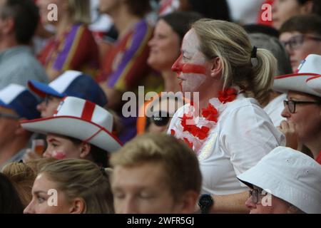 Fan avec visage peint avec St Georges Cross UEFA Women's Euro final 2022 Angleterre - Allemagne au stade de Wembley, Londres, 31 juillet 2022 Banque D'Images