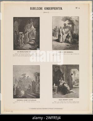 Gravures pour enfants de la Bible, 1869 - 1908 estampe feuille avec 4 représentations d'histoires de l'ancien Testament. Les funérailles de Sara, Rebekka et Elizier à la source, Rebekka arrive à Canaan et Isaac bénit Jakob. Un texte biblique sous chaque image. Numéroté en haut à droite : n° 3. Impression typographique papier Amsterdam ancien Testament. L'enterrement de Sarah dans la grotte de Machpelah. Rebekah offre à Eliezer une boisson de son pichet. Le voyage de retour et l'arrivée à Canaan (Eliezer et Rebekah). Bénédiction d'Isaac (de Jacob et Esau) (Genèse 27) Banque D'Images