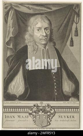 Portrait de Johannes Maetsuyker, Dirk Jongman, d'après Matthijs Balen (1684-1766), 1709 - 1726 copie Portrait du gouverneur général Johannes Maetsuyker, Ten Halven. Il représente un rideau. Sur la plinthe ses armoiries et son nom et sa fonction en néerlandais. Amsterdam gravure sur papier / gravure Banque D'Images