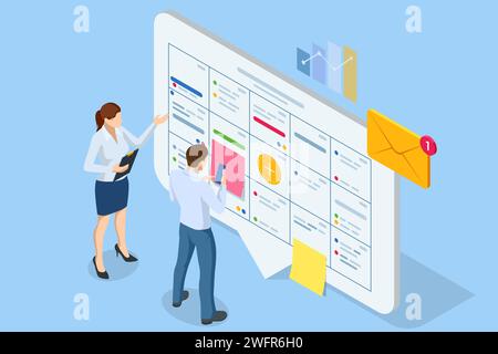 Système de gestion de projet d'entreprise isométrique. Gestionnaire de projet mise à jour des tâches et jalons planification de la progression. Calendrier numérique.tâche Scrum Illustration de Vecteur