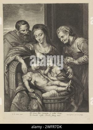 Sainte famille avec Elisabet et Johannes de Baptist comme un enfant, Lucas Vorsterman (I) (attribué à), d'après Pierre Paul Rubens, 1619 - 1675 impression papier Anvers gravure Sainte famille avec Jean le Baptiste, Elisabeth présente Banque D'Images