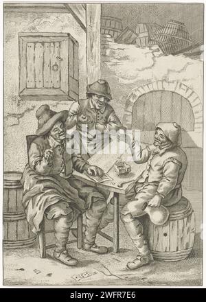 Trois agriculteurs autour d'une table, Jan Naning, 1650 - 1699 impriment trois agriculteurs autour d'une table dans un intérieur. Les agriculteurs de gauche tiennent tous les deux un tuyau en main. Le fermier droit lève sa tasse d'une main et tient une cruche de l'autre main. Amsterdam paper graving fermiers. Ferme (bâtiment) - AA - Architecture civique : intérieur. boire. pipe  tabac Banque D'Images