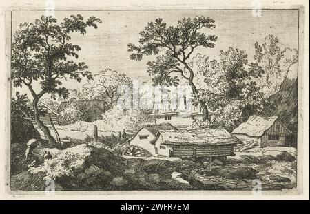 Paysage avec Watermolen, Allaert van Everdingen, 1631 - 1675 imprimer vue de quelques maisons et un moulin à eau près d'une cascade. Deux personnes sont assises au premier plan contre une petite colline, tandis qu'une troisième traîne quelque chose sur son dos. Moulin à eau de gravure de papier pays-Bas dans le paysage (+ ville(-scape) avec des chiffres, personnel) Banque D'Images