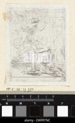 Annunciatie, anonyme, d'après Anthony van Dyck, 1615 - 1691 print l'Archange Gabriël apparaît avec un lys sur Marie. Maria s'agenouille avec un bureau avec un livre ouvert dessus. Au-dessus d'elle le Saint-Esprit sous la forme d'un pigeon. Papier des pays bas gravant l'Annonciation : Marie agenouillée Banque D'Images