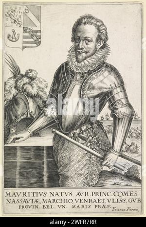 Portrait de Maurits, Prince d'Orange, Anonyme, 1600 - 1699 tirage Portrait de Maurits avec à gauche son arme. Il est debout à côté d'une table avec le casque de son armure. Il tient un bâton de commandement dans sa main. Une bataille maritime en arrière-plan. Son nom est dans un cadre. Gravure / gravure sur papier des pays bas Banque D'Images