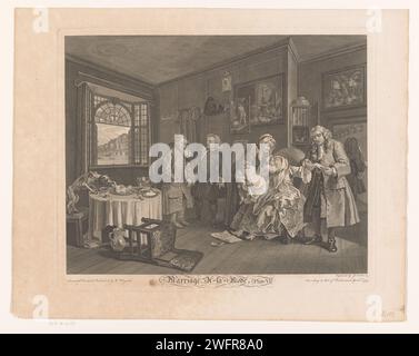 Intérieur avec la comtesse mourant sur une chaise, Gérard Jean Baptiste Scotin (II), après William Hogarth, 1745 print at the Feet of the comtesse est un article de presse indiquant que Silvertongue est pendu pour avoir tué son mari. Son jeune enfant est soulevé par une vieille femme pour lui donner un dernier baiser. L'enfant a la syphilis, sur la tache sombre sur son visage et l'attelle autour de sa jambe. Le père de la comtesse enlève son alliance. Un pharmacien attrape un serviteur à son col et pointe le doigt vers une bouteille de Laudanum avec laquelle la comtesse s'est suicidée. A droite, un médecin quitte la pièce. Sur le Banque D'Images