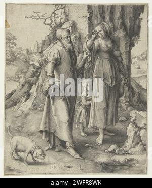 Abraham envoie Hagar loin, Lucas van Leyden, 1516 print Abraham pousse doucement le bras de Hagar. Ismaël derrière elle avec pomme à la main. Un chien à côté d'Abraham. Papier des pays-Bas gravant le bannissement de Hagar et Ismaël (Genèse 21:9-21) Banque D'Images