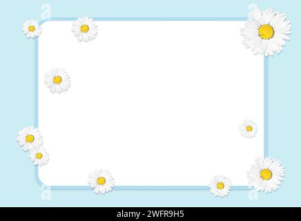 Composition de pose plate avec camomilles fraîches et cadre blanc sur fond bleu, maquette. Espace pour le texte Banque D'Images