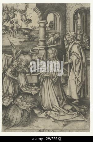 Naissance du Christ, Israhel van Meckenem, d'après Hans Holbein (I), 1455 - 1503 estampe Maria adorait l'enfant Christ. Joseph est derrière elle. Trois anges regardent. En arrière-plan, à gauche, la proclamation de la naissance du Christ aux bergers. Cette estampe fait partie d'une série de douze estampes avec des scènes de la vie de Maria. Bocholt (Allemagne) gravure sur papier Marie, Joseph et le Christ nouveau-né (Nativité). annonciation de la naissance du Christ aux bergers (et/ou bergers) la nuit ; une foule d'anges chantant dans les airs Banque D'Images