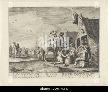 Cueillette des soldats : allégorie de la prise de Den Bosch et Wesel en 1629, Claes Jansz. Visscher (II) (attribué à), d'après Jan Martszen de Jonge, 1629 - 1647 soldats imprimés jouent dans la carte du camp de l'armée sur un tambour devant une auberge. En arrière-plan la ville de Den Bosch. Allégorie sur la prise des villes de 's-Hertogenbosch et Wesel en 1629. Avec verset de 8 lignes:' So Haest an Empty leyt (...) "et le dicton "c'est wint". Imagination du dicton "qui n'ose pas, qui ne gagne pas". Nord des pays-Bas gravure sur papier / gravure proverbes, dictons, etc. siège, position guerre. playin Banque D'Images