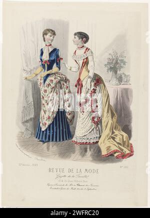 Revue de mode, Family gazette, 11 février 1883, 12e année, non 580 : jupons & corsets (...), A. Chaillot, 1883 deux femmes dans un intérieur. A gauche : Dinnerjapon de Blue Velvet et 'soie Pompadour' (soie). A droite : baljapon jaune orné de fleurs et de rubans rouges. Sous la performance quelques lignes de texte publicitaire pour différents produits. Tirage du magazine de mode Revue de la mode (1872-1913). Description détaillée des vêtements à la page 44 'planche coloriée'. Assiettes de mode gravure papier Paris. robe, robe : robe de dîner (+ vêtements pour femmes). robe, robe : robe de bal (+ tissu pour femme Banque D'Images
