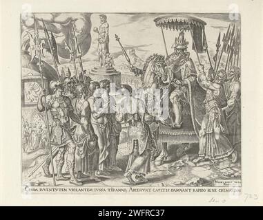 Sadrach, Mesach et Abednego devant le roi Nebucadnessar, 1565 print les trois Juifs qui refusent d'adorer la statue d'or doivent apparaître devant le roi Nebucadnessar. Ils sont amenés devant des soldats. Nebucadnessar est assis sur son cheval et interroge les trois hommes. Haarlem gravure sur papier le roi Nebucadnezzar appelle Shadrach, Mesach et Abed-Nego à rendre des comptes, mais ils refusent de s'agenouiller devant la statue d'or Banque D'Images