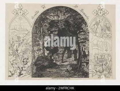 Triptyque avec des scènes de la vie de Saint Remaclus, Martinus Antonius Kuytenbrouwer Jr., 1849 print Triptyque avec des scènes de la vie de Saint Remaclus. Au milieu se trouve Remaclus dans sa grotte, qui est située sur les rives de la rivière Semois. Le volet gauche montre des personnages en vêtements liturgiques qui transportent à la hâte un cercueil. Dans le volet droit le sanctuaire de Remaclus, aménagé dans l'église abbatiale de Stavelot. Gravure de papier bruxelloise / cortège de point sec, procession funéraire. grotte, grotte. Coffin Stavelot Banque D'Images