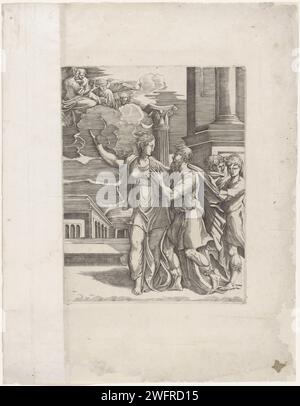 Keizer Augustus en de Tiburtijnse Sibille, Anonyme, d'après Antonio Fantuzzi, d'après Niccolò Vicentino, d'après Parmigianino, 1550 - 1570 imprimer la sibille Tiburtine montre Keizer Auguste l'apparition d'un ange avec Marie et l'enfant Christ dans le ciel. Deux ressources masculines à droite. En arrière-plan architecture romaine. Italie gravure sur papier de la Sibylle Tiburtine et Auguste : la Sibylle révèle à l'empereur une vision de la Vierge au ciel Banque D'Images