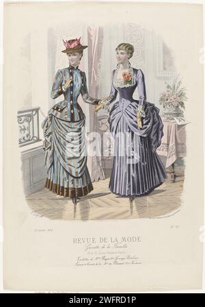 Revue de mode, Family gazette, dimanche 16 septembre 1883, 12e année, non 611 : toilettes de M.ME BAZIN (...), P. DEFERNEVILLE, 1883 deux femmes dans un intérieur, en robes de Bazin. A gauche : toilette bleue en tissu rayé et velours Uni. Corps avec des pneus en velours avec de grands boutons, col et poignets de velours. Chapeau en paille ou en feutre avec quatre ailes rouges. Droite : Robe de côté violet et velours. Col carré orné de dentelle et d'une fleur en relief ; Un petit col surélevé à l'arrière. Manches longues avec poignets en dentelle. Avec une ligne de texte publicitaire pour différents produits. Imprimer à partir de la mode m Banque D'Images