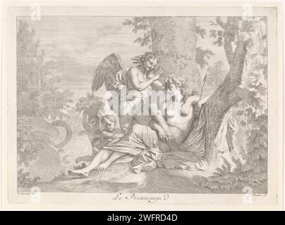 Venir à Cupido - Slow, Johannes Glauber, d'après Gerard de Lairese, 1656 - 1726 imprimer Vénus repose contre un arbre. Dans ses mains un manchon de flèche. Cupido est penchée sur elle et cueille des fleurs de sa couronne de fleurs. Ils sont entourés de deux putti. L'estampe fait partie d'une série de représentations bibliques, mythologiques et allégoriques. Print Maker : Unknownpublisher : Amsterdam papier gravure venus et Cupidon (Cupidon n'étant pas un simple attribut). Printemps, 'Ver' ; 'Primavera' (Ripa) (+ avec Vénus) Banque D'Images