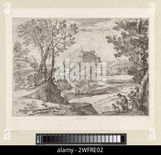 Paysage avec une femme, un homme et un enfant, Giovanni Francesco Grimaldi, 1643 Imprimer Un large paysage fluvial avec un homme, une femme et un enfant au premier plan à droite. Au premier plan à gauche un arbre tombé. Italie papier gravure des paysages. famille, relation, descendance. rivière Banque D'Images