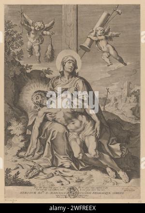 Piscines d'inconnu, d'après Francesco Vanni, 1601 imprimer Maria est assise au pied de la croix et avance le Christ mort. Il y a des outils de passion au premier plan et deux putti avec d'autres outils de passion volent dans les airs. Affectation et texte latin dans la marge inférieure. Après conception par : ItalyPublisher : ItalyVaticaanstadItaliegravure sur papier 'Pietà ', 'Vesperbid', 'Marienklage' (pas d'autres présents) : Christ, avec ou sans couronne d'épines, pleuré par Marie. vue sur la ville et paysage avec constructions artificielles. Arma Christi. cupidons : 'amores', 'amoretti', 'putti' Banque D'Images