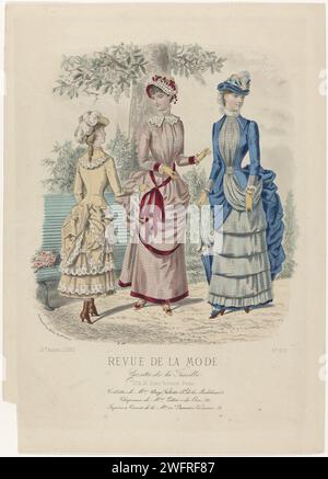 Revue de mode, Family gazette, dimanche 1 juillet 1883,12e année, no. 600 : toilettes de Mme Day-Falett (...), Anonyme, 1883 deux femmes et une fille sur un banc de jardin, vêtues de robes de Day-Falette. A gauche : Japon d'ecrinke pour filles -comme 'tussor', foulard ou batist décoré de broderies. Milieu : Robe de batiste à carreaux rose décorée de velours rouge. Capeline de paille et dentelle blanche, doublure rouge et décorée de cerises. Droite : 'toilette' par foulard à carreaux bleu et foulard Uni. Chapeau de paille décoré de velours bleu et printemps blanc. Avec la légende de quelques lignes de texte publicitaire f Banque D'Images