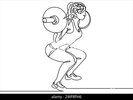 Femme soulevant des poids en continu un dessin de ligne. Squats avec élément de conception linéaire barbell Illustration de Vecteur