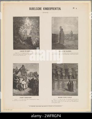 Gravures pour enfants de la Bible, 1869 - 1908 estampe feuille avec 4 représentations d'histoires de l'ancien Testament. Jakob te Betel, Jakob sert Laban pour Rachel, Joseph est vendu par ses frères et Moïse pour Pharaon. Un texte biblique sous chaque image. Numéroté en haut à droite : n° 4. Impression typographique papier Amsterdam ancien Testament. Jacob à Béthel (Genèse 28:11-22). Jacob servant Laban pour Rachel et Léa (Genèse 29:14-30). Joseph est vendu à Potiphar. Moïse et Aaron devant Pharaon ; Aaron accomplit le miracle de la verge qui se transforme en serpent Banque D'Images