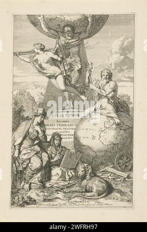 Atlas porte le monde sur ses épaules, Gerard de Lairesse, 1687 - 1696 print Atlas porte le monde sur ses épaules et se tient sur un piédestal. A sa gauche, Faam de Bazuin souffle, à sa droite Neptune est assis sur un globe terrestre. Au premier plan se trouve à l'extrême gauche Cybèle, la personnification de la terre, avec une couronne en forme de murs et de tours sur sa tête et une clé dans sa main. En plus d'elle, Geografia, personnification de la géographie, décrit une planche à dessin. Geografia est entouré de divers instruments de mesure et tient un passeur. Il y a un lion sur ses pieds. Gravure sur papier Amsterdam (stor Banque D'Images