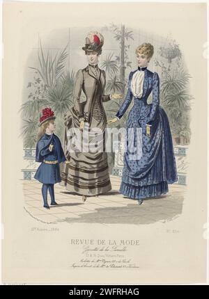 Revue de mode, Family gazette, dimanche 21 septembre 1884, 13e année, n ° 664 : toilettes de M.ME VIGNON (...), A. Chaillot, 1884 deux Vrowuen et une fille dans un conservatoire avec des plantes. Vêtements pour enfants : manteau de drap bleu ou serge bleu, avec une rangée de noeuds, manches longues et pèlerine au milieu. Ceintuur van Leer. Slobbouses de Laeken ou tricot. A gauche : 'toilette' de laine beige. À droite : 'toilette' en laine bleue brochée de velours rouge. Col et poignets en velours. Guimpe de blanc 'Surah'. Selon la légende : 'toilettes' par Vignon. Ci-dessous une règle de texte publicitaire pour différents produ Banque D'Images