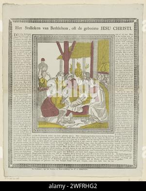 L'étal de Bethléem, ou le Geboórte Jesu Christi, 1800 - 1833 imprimer le culte par les bergers. A gauche une femme avec une cruche sur la tête. Autour du texte dans l'impression de livre en néerlandais. Complètement entouré par un bord décoratif. Impression typographique en papier Turnwood adoration de l'enfant-Christ par les bergers ; Marie et Joseph présents Banque D'Images